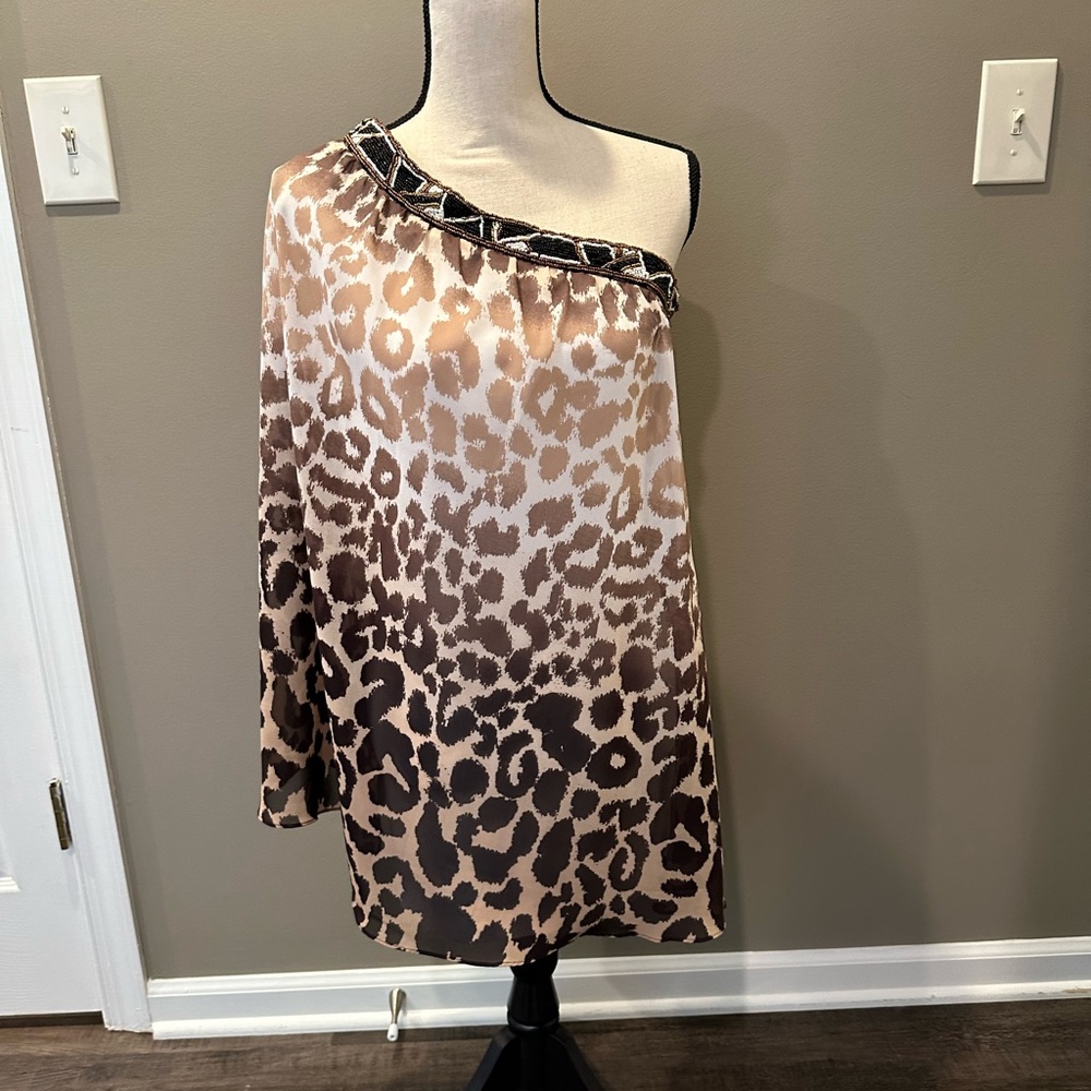 Vintage Bebe one shoulder cheetah print dress with beading.